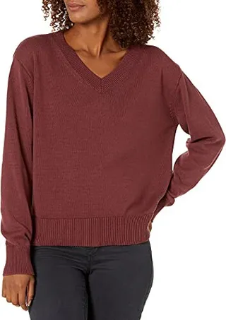 Daily Ritual Women's 100% Cotton Relaxed-Fit Long-Sleeve V-Neck Sweater