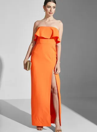 Bardot Ruffle Side Slit Dress