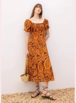 Woman Square Neck Short Sleeve Woven Dress