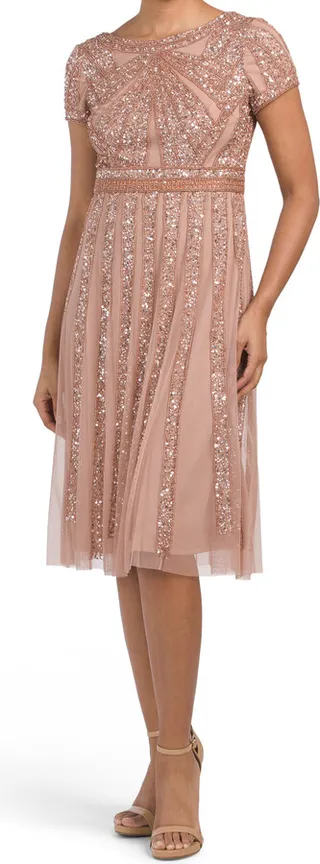 Hand Beaded Short Sleeve Cocktail Dress