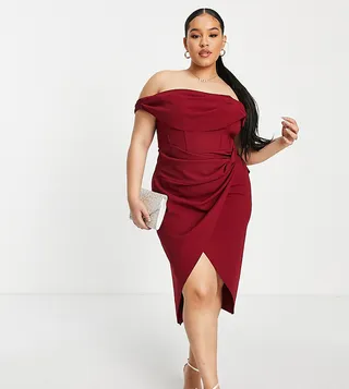 ASOS DESIGN Curve fallen one shoulder gathered midi pencil dress with wrap in wine