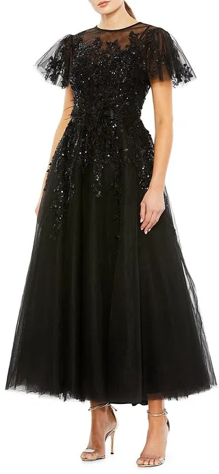 Flutter-Sleeve Embellished Midi-Dress