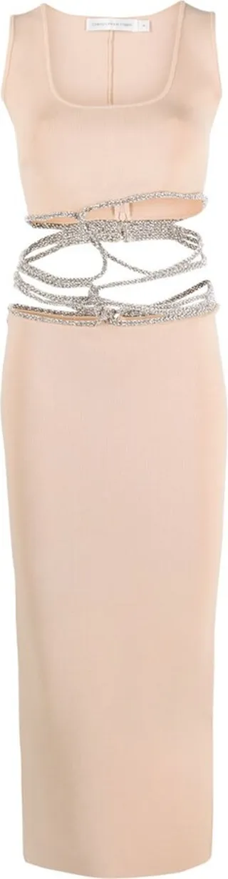 Neutral Crystal-Embellishment Interweaved Knitted Midi Dress