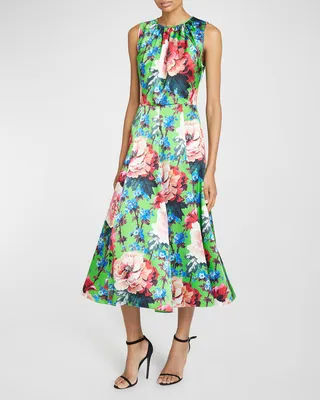 Floral-Print Belted Sleeveless Silk Midi Dress