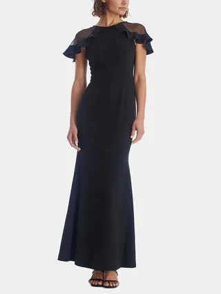 Crew Neck Ruffle Shoulder Long Dress
