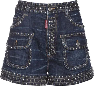 Low rise studded baggy denim shorts