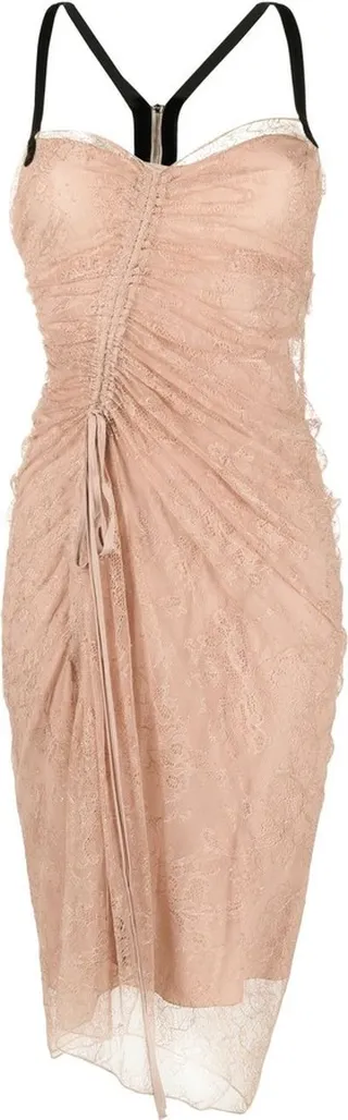 Gathered-Detail Lace Midi Dress