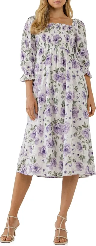 Smocked Floral Print Midi Dress