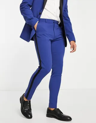 ASOS DESIGN super skinny tuxedo suit pants in bright blue