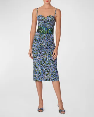 Floral Print Ruched Sweetheart Midi Dress