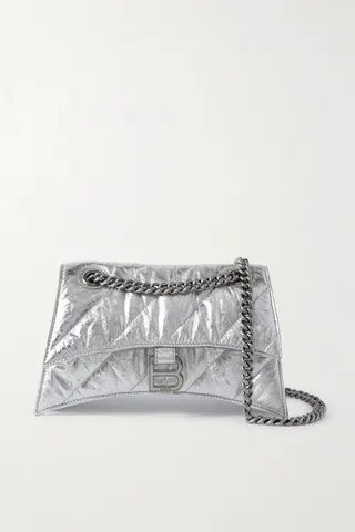 Balenciaga - Hourglass Quilted Metallic Crinkled-leather Shoulder Bag - Silver