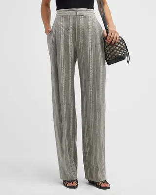 Paillette Regimental Striped Wide-Leg Linen Pants