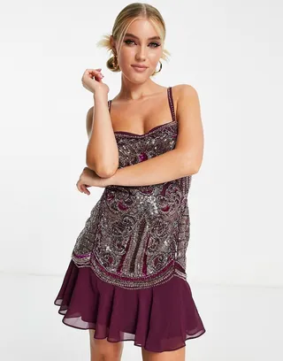 ASOS DESIGN cami mini dress with artwork embellishment and ruffle hem in plum