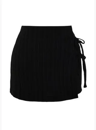Black Woven Tie Linen Blend Short Skirt