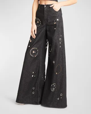 Grommet Embellished Wide-Leg Denim Pants