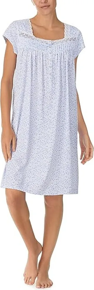 Eileen West Cap Sleeve Waltz Gown (White Ground Leaves) Women's Pajama