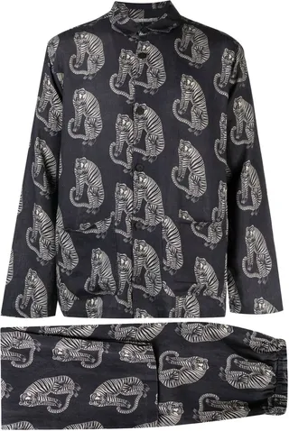 Black Tiger Print Linen Pyjamas Set