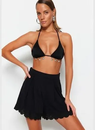 Black Woven Brode Detail Shorts & Bermuda TBESS23SR00039