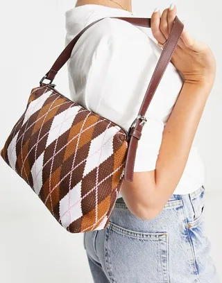 Monki argyle print shoulder bag in brown