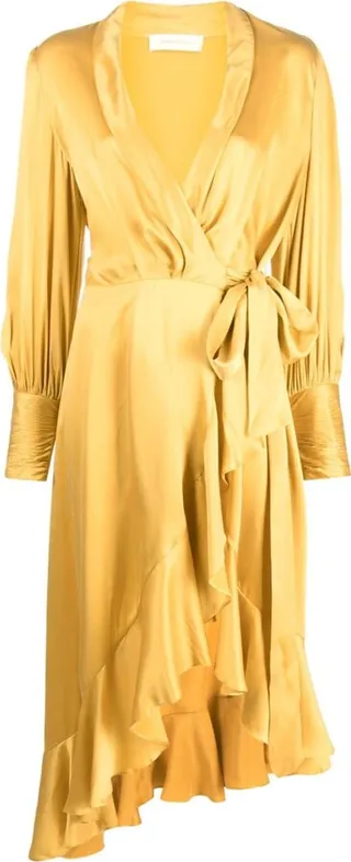 Ruffled Silk Wrap Midi Dress
