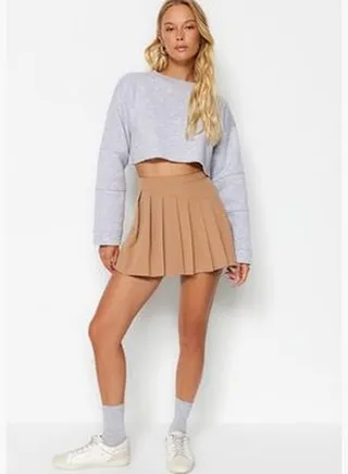 Camel Pleated Woven Short Skirt TWOAW24SR00014