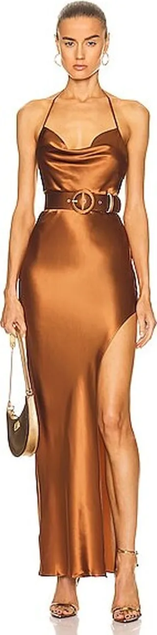 NICHOLAS Lucinda Halter Cowl Neck Gown in Brown