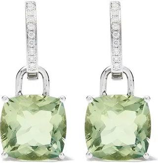 18kt white gold Kiki Classics cushion cut green amethyst and detachable diamond hoop earrings
