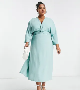 ASOS DESIGN Curve batwing twist front midi skater dress in duck egg