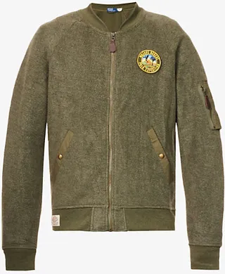 ens Service Green Heather Logo-patch Cotton-blend Brushed-fleece Bomber Jacket