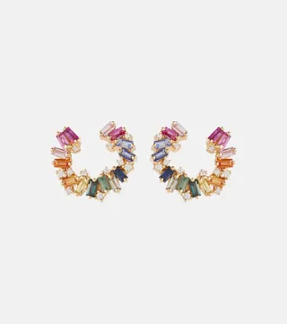 Rainbow 18kt gold hoop earrings with diamonds and sapphires
