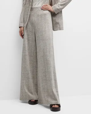 Wide-Leg Variegated Plaid Jacquard Pull-On Pants