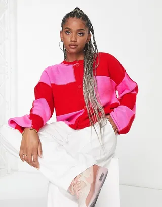 ASOS DESIGN oversize cardigan in pink and red check