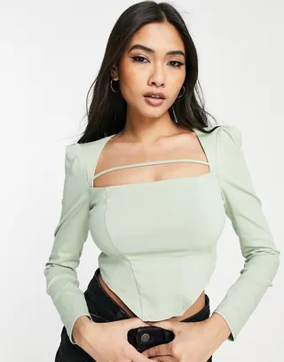 ASOS DESIGN long sleeve corset top with bar cut out in aqua