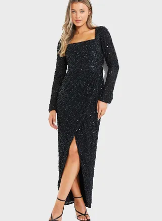 Square Neck Sequin Wrap Dress
