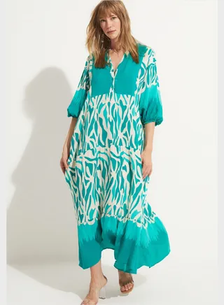 Balloon Sleeve V-Neck Button Detail Dress