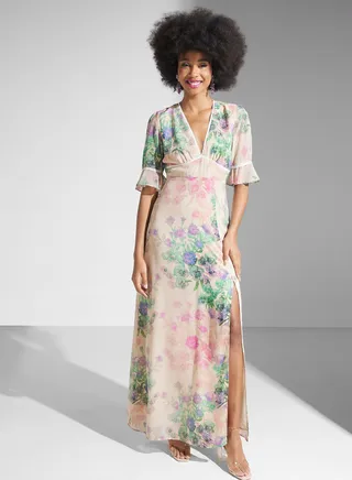 Floral Plunge Neck Frilled Sleeve Dress