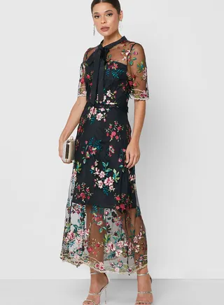 Embossed Tulle Tie Up Dress