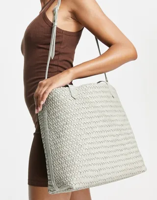 Madewell medium woven leather tote bag in gray