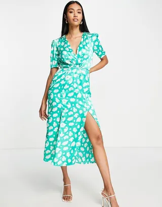 French Connection tie back midi dress in green smudge spot