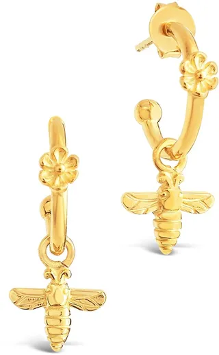14K Gold Plated Sterling Silver Bee & Daisy Huggie Drop Earrings