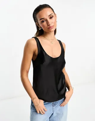 ASOS DESIGN scoop neck cami in satin in Black