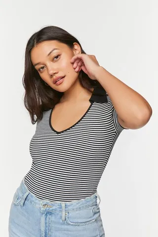Striped V-Neck Sweater-Knit Bodysuit