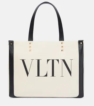 VLTN Mini leather-trimmed canvas tote