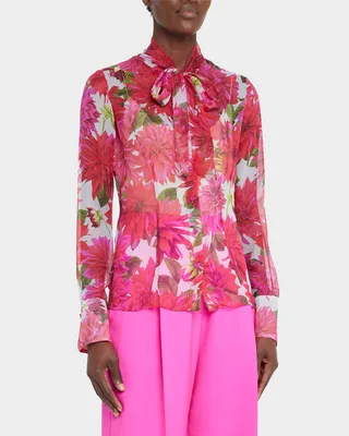 Dahlia Printed Chiffon Blouse with Tie Neck