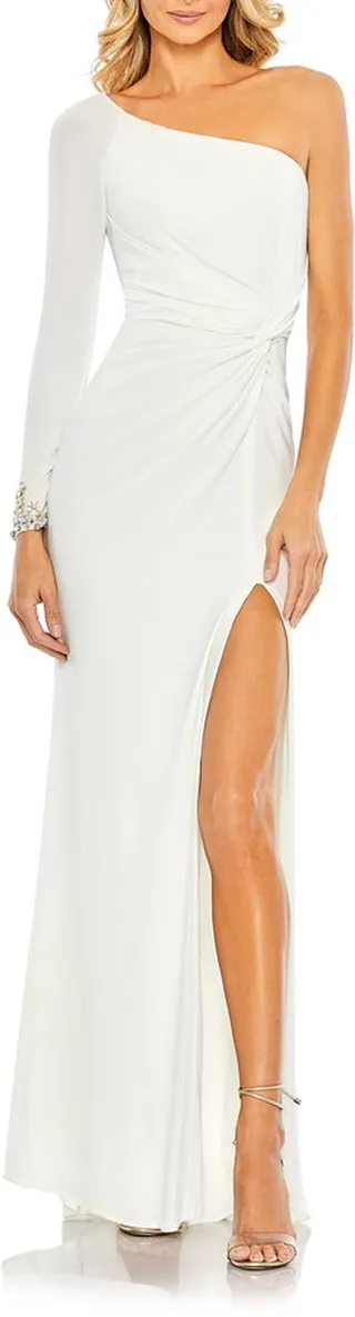 One-Shoulder Long Sleeve Jersey Gown