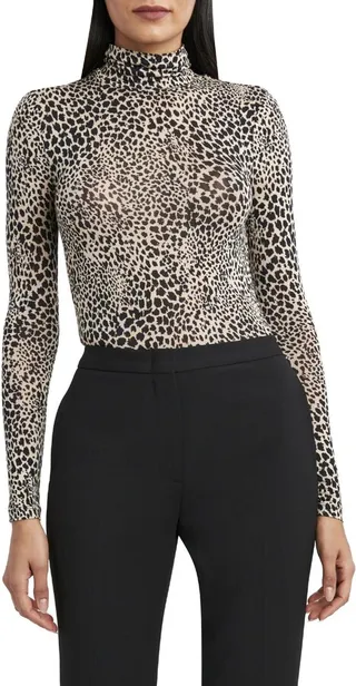 Womens Knit Animal Print Turtleneck Top