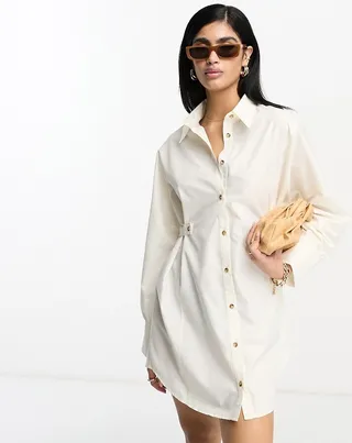 ASOS DESIGN utility mini shirt dress with tab waist with horn buttons in cream