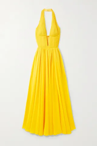RASARIO - Pleated Chiffon Halterneck Gown - Yellow