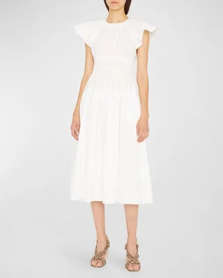 Darlene Drawstring Flutter-Sleeve Midi Dress