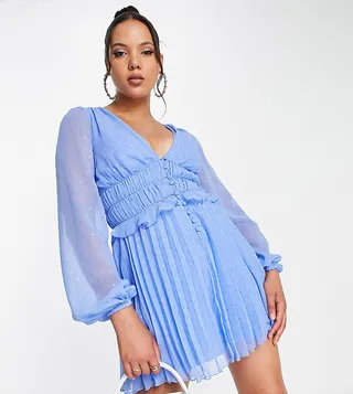 ASOS DESIGN Tall button through ruched waist pleated mini dress in metallic texture in cornflower blue